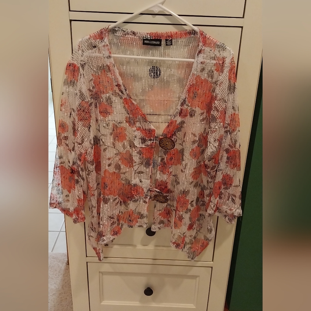 Nina Leonard Sheer Floral Jacket with Orange and White